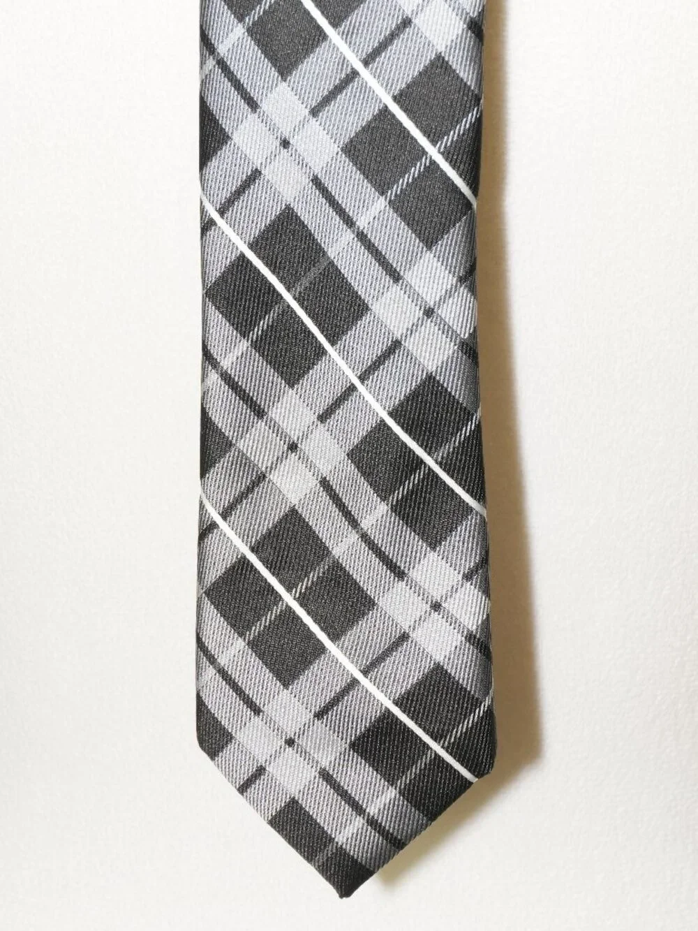LNC Chaps 2.25” W x 48”L Boys Plaid Tie 100% Polyester Shiny Black Gray White